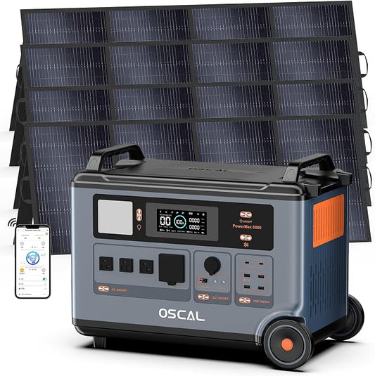 Powermax 6000W(9000W Peak) Portable Solar Power Station, 3600Wh LiFePO4 Battery with 4x400W Solar Panels, 1.6H Fast 2400W Solar Charging Generator for Camping, RV, Home Backup, Emergency