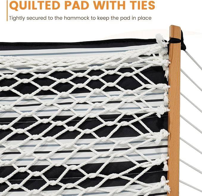 Lazy Daze Hammocks Rope Hammock with Pad, Spreader Bar, Carabiners, Tree Straps, Chains for Outside Patio- Max 450 Lbs, Black Stripes