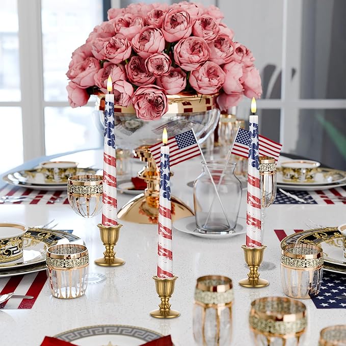 Flameless Patriotic Candles, 9.6" Real Wax 4th of July Led Candles with Remote, 3 Pack Flickering Independence Day Flameless candlesticks for Table, Home, Party Decor