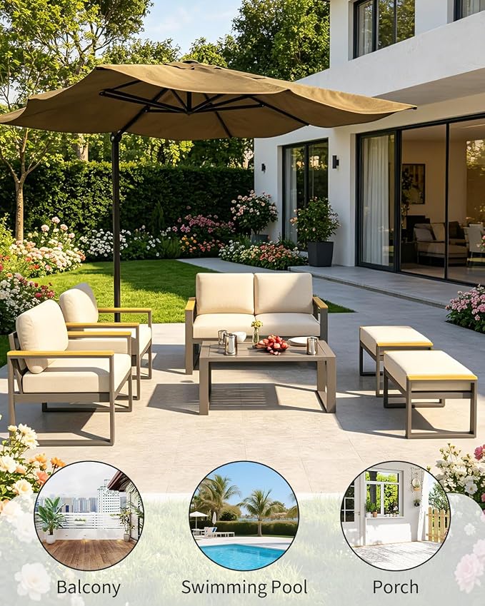 Aluminum Outdoor Patio Furniture - 1 Pcs Loveseat and Coffee Table, All-Weather Metal Modern Outside Furniture with Washable Thick Cushion for for Balcony, Garden, Deck, Backyard,Beige