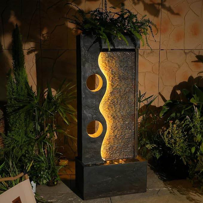 46.8" H Water Fountains Indoor Garden Waterfall Modern Fountain Outdoor with LED Lights Floor-Standing for Outside Garden, Patio, Backyard, Deck Decor, Pool, Porch, Landscaping, Balconies