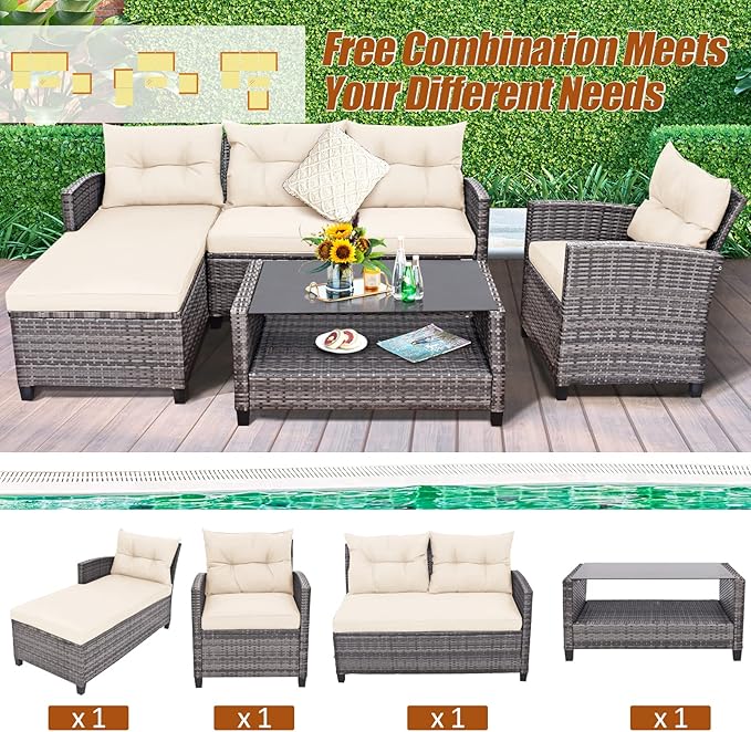 Tangkula 4 Pieces Rattan Conversation Set, Patiojoy Outdoor Furniture Set with Cushions, Lounge Sofa Set with Coffee Table, Patio Sectional Sofa Set for Patio Garden Poolside Backyard (White)