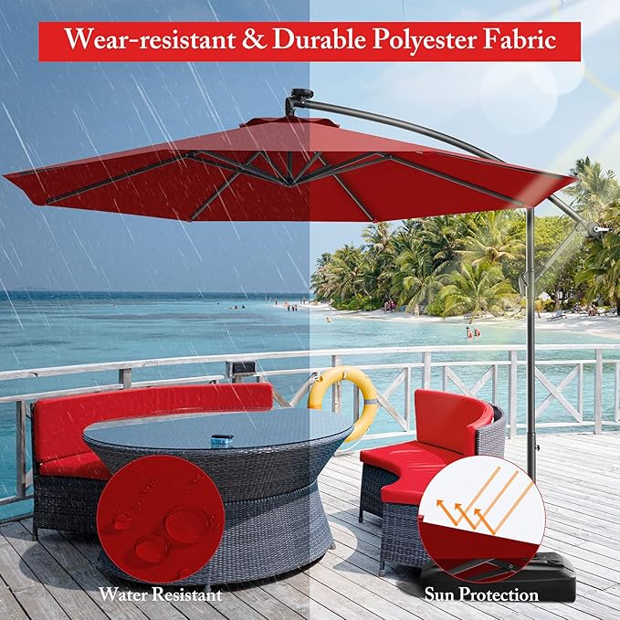 Giantex 10ft Offset Patio Umbrella, Burgundy, Outdoor Hanging Market Umbrella with Crank & Cross Base, Easy Tilt Adjustment, 96% Sunlight Protection