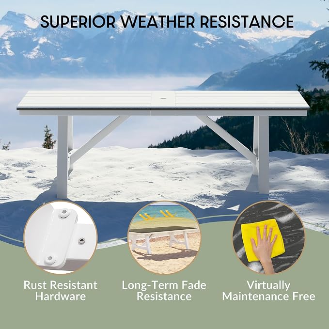 WestinTrends Cape May 90" HDPE Rectangle Outdoor Patio Dining Table with Umbrella Hole and Metal Frame, Gray