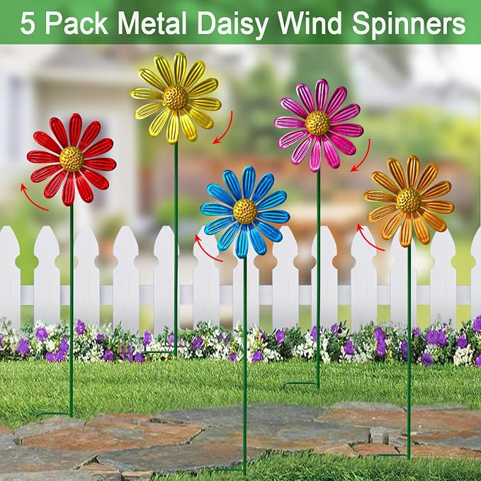 Metal Colorful Daisy Wind Spinners,5 Pack Flower Outdoor Yard Garden Stakes | Metal Wind Spinner Yard Stake,Garden Decorations for Patio and Lawn
