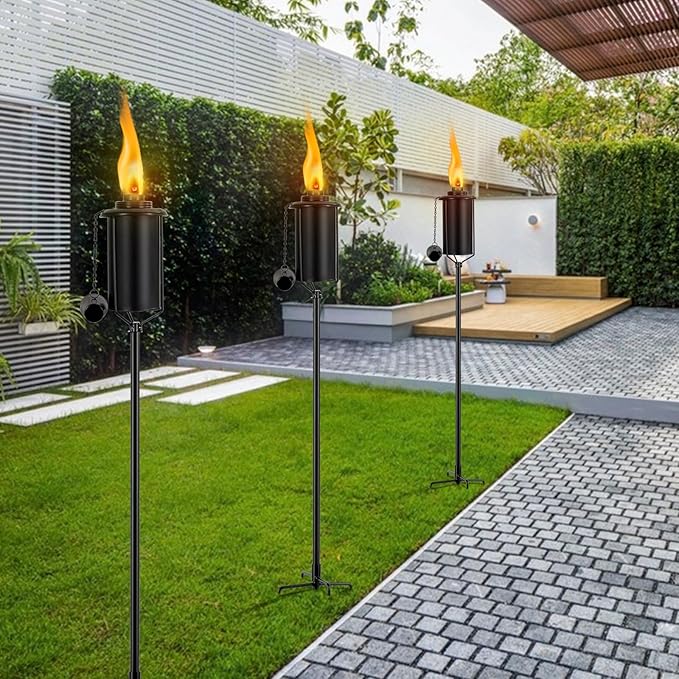 Nonley 4 Pack Metal Torch for Outside [Upgraded], 16oz Metal Garden Torches Outdoor Citronella Torches with 4-Prong Grounded Stake, Flame Torch Light for Backyard Patio Pathway Party 61" Tall