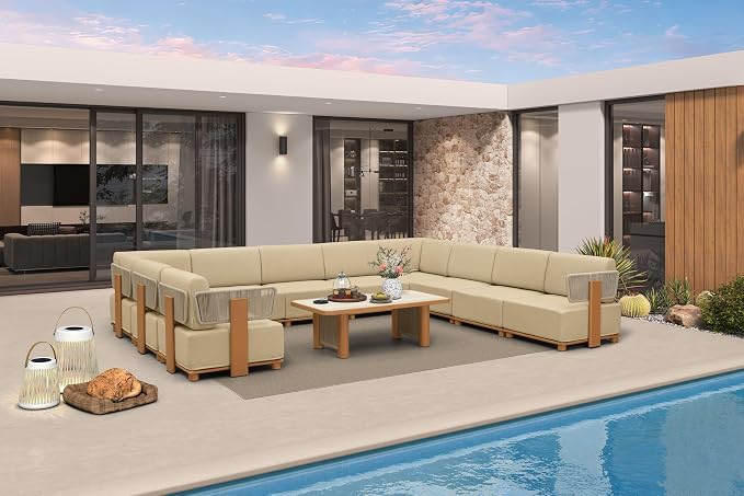 PURPLE LEAF Patio Furniture Set Modular U-Shaped Outdoor Sectional Sofa with 11" Thick Olefin Cushion 11-Piece Outdoor Conversation Set with White Lights & Table for Backyard Garden Poolside, Beige