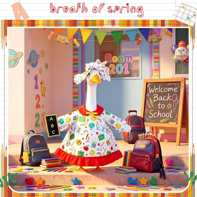 FuWeave Back to School Porch Goose Outfit Set for Plastic Statue Lawn Porch Goose Clothes with Schoolbag for Patio Decor