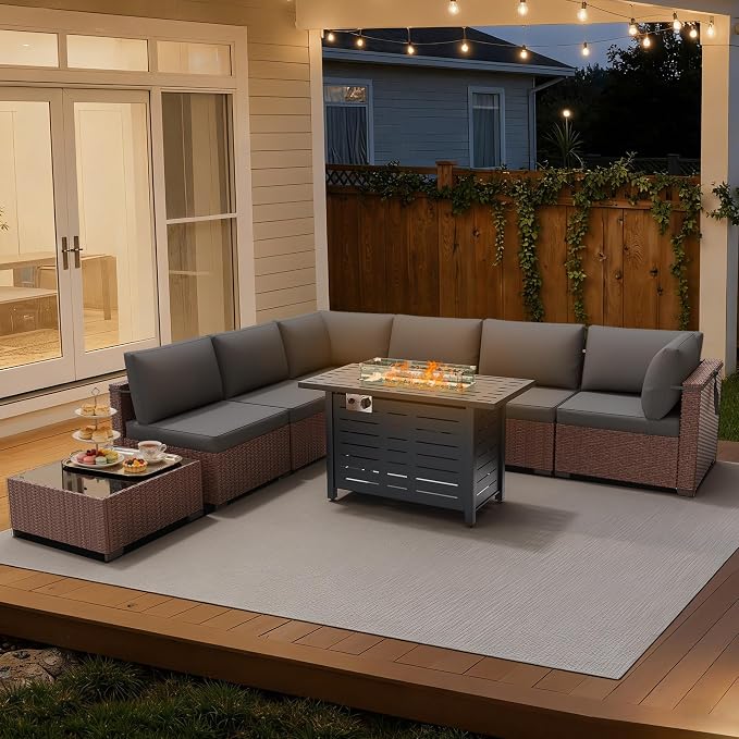 LOUVIXA 8 Piece Outdoor Patio Furniture Set, Outdoor Sectional Sofa with Firepit Table, Wicker Rattan Patio Furniture, Patio Conversation Set with Coffee Table & Cushions