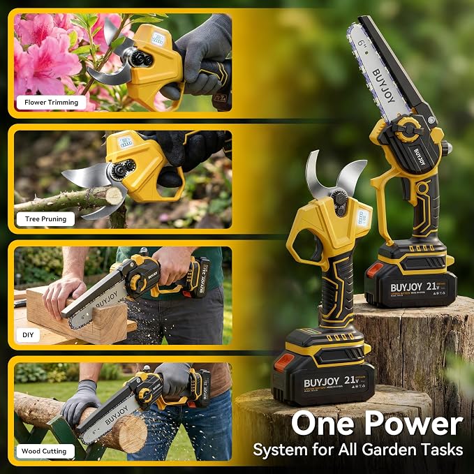 BUYJOY 2-in-1 Mini Chainsaw & Electric Pruning Shears, 1.8" Cutting Capacity, 8 Inch Cordless Chainsaw with 2 x 4.0Ah Batteries, Battery Powered Branch Cutter for Tree Trimming and Garden Pruning