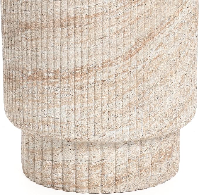 LuxenHome Outdoor Accent Side Table, 18'' Travertine-Style Outdoor Furniture, Round with Ribbed Cement End Table for Patio Backyard Balcony, Modern Coffee Furniture Gift