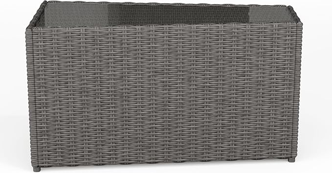 Martha Stewart Bedford Indoor-Outdoor Tapered Patio Side Table with Inset Tempered Glass Top and Rattan Wicker Finish in Gray
