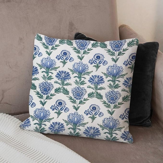 Mughal Flower Cushion Cases Blue Lotus Floral Throw Pillow Cover Abstract Modern Decorative Pillow Covers for Patio Garden Couch Tent 16x16 in