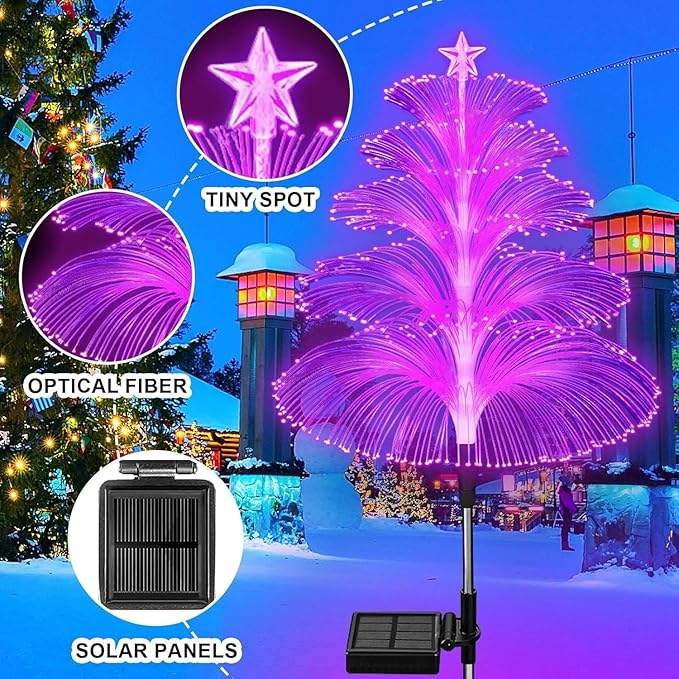 Solar Christmas Decorations Trees Lights Outdoor Waterproof Solar Christmas Tree Jellyfish Lights 5 Layer Optical Fiber 7 Color Changing for Pathway Lawn Patio Outside Decorative, 3PCS