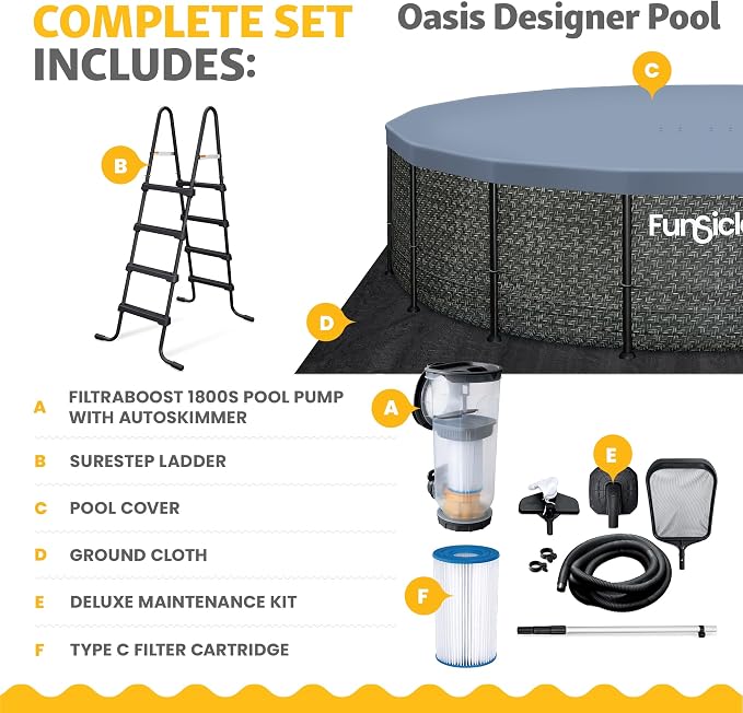 Funsicle Oasis Designer 16' x 48" Round Above Ground Swimming Pool, With FiltraBoost 1800 GPH Filter Pump With AutoSkimmer, Pump, Ladder, Deluxe Maintenance Kit, Cover & Ground Cloth, Dark Herringbone