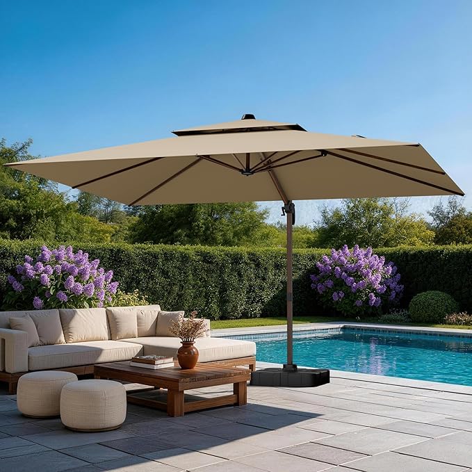 GENTEACO 10x13FT Wood Pattern Cantilever Patio Umbrella, Double Top Rectangle Offset Umbrella 7 Angle Tilts & 360° Rotation, Large Heavy Duty Outdoor Sun Umbrella for Pool Market, Tan
