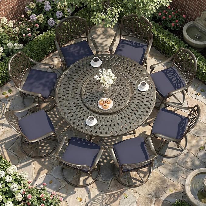 MEETWARM 9-Piece Outdoor Patio Dining Set, All-Weather Cast Aluminum Patio Conversation Set- 8 Cushioned Swivel Rocker, 61" Round Patio Dining Table w/Detachable Lazy Susan/Umbrella Hole, Navy Blue