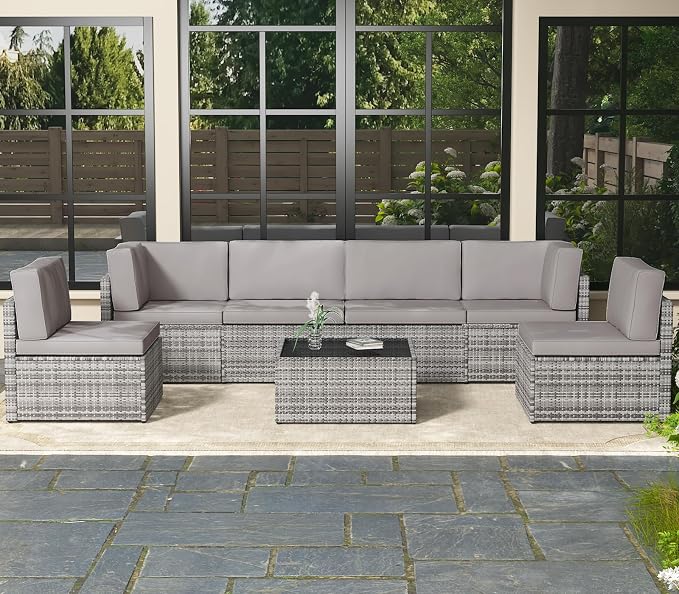 AECOJOY 7 Piece Outdoor Patio Furniture Set, Outdoor Sectional Conversation Furniture Chair with Coffee Table,Patio Sectional for Garden,Backyard(Grey Cushions and Grey PE Rattan, with Cover)
