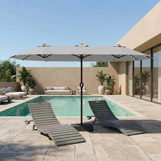 15FT Patio Umbrella with Solar Lights, Double-Sided Extra Large Outdoor Table Umbrella with Base Included, Heavy-Duty 12 Iron Ribs Market Umbrella for Garden, Pool, Backyard, Light Gray