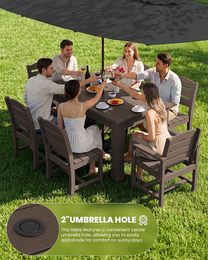 SERWALL 59" Patio Dining Set for 8, HDPE Dining Set, Coffee | Include 2 Rectangular Tables and 8 armless Chairs, All Weather Dining Sets for Garden, Backyard