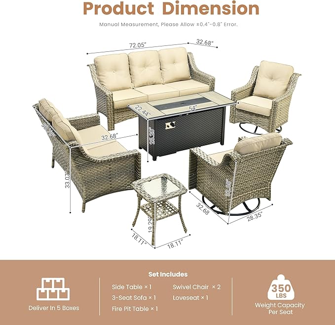 HOOOWOOO Patio Furniture Set,6 Pieces Wicker Outdoor Furniture,High Back Conversation Set with All Weather Resistant Fire Pit Table Couch Swivel Chairs,Beige Tan