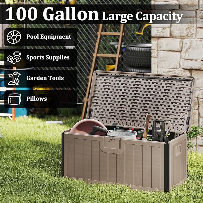 Tangkula 100 Gallon Outdoor Storage Box, Resin Outdoor Storage Bench with Lockable Lid, Waterproof Deck Box for Garden Tools, Pool Accessories, Cushions