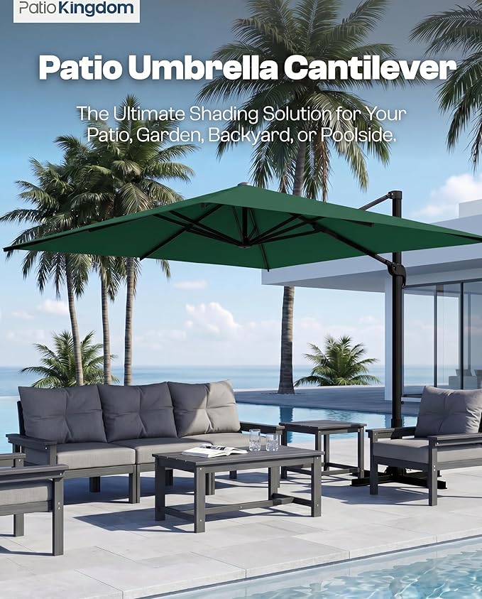 9x9 FT Square Cantilever Umbrella,Easy Tilt, Fade Resistant & 360° Rotation, Offset for Pool Deck Backyard Patiodark green (Base not Included)