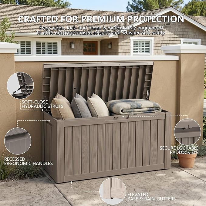 Outdoor Storage Box, 90 Gallon Waterproof Deck Box [Upgraded 3.0], Robust Weatherproof Organizer for Deep-Seat Cushions, Sports Equipment, Lockable Garden Tool Bench Seat, Side Yard, Grey
