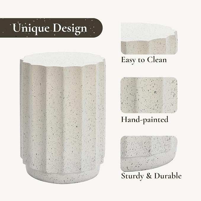LuxenHome Cream with Gray Cement Fluted Round Indoor Outdoor Side and End Table, Set of 2