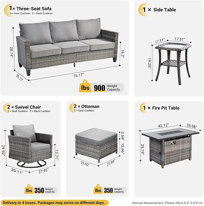 ovios 7 Pieces Patio Furniture Set with Rectangular Fire Pit Table, Swivel Rocking Chairs, Outdoor High Back Wicker Rattan Conversation Set for Deck Porch, Dark Grey