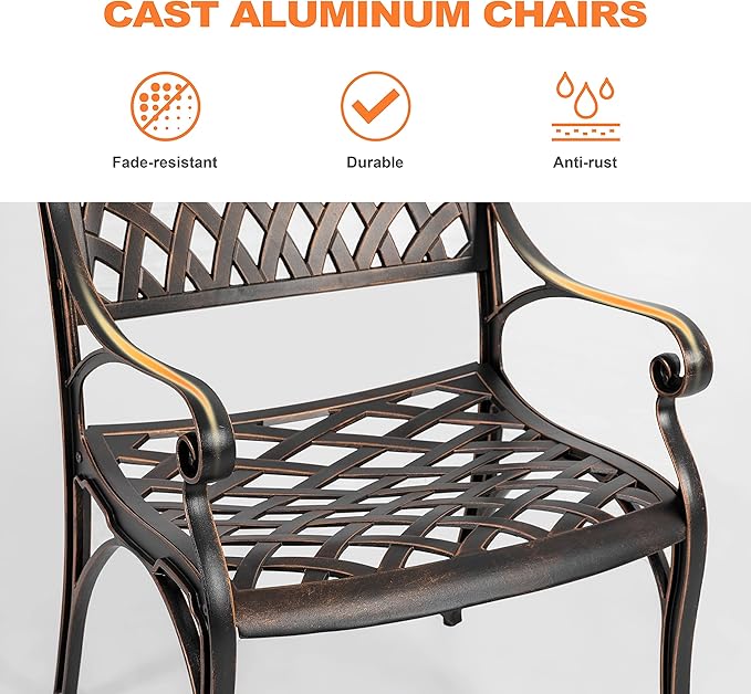NUU GARDEN Outdoor 5-Piece Patio Dining Set, 4 Patio Chairs and 42'' Round Dining Table with 2.24" Umbrella Hole, Cast Aluminum Frame, for Patio, Deck, Garden, Backyard, Balcony, Antique Bronze