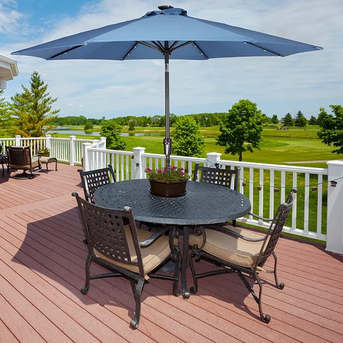 HERMOCE 9FT Solar Umbrella 32 LED Patio Umbrellas with Tilt and Crank,Table Market Outdoor Umbrella for Garden,8 Ribs