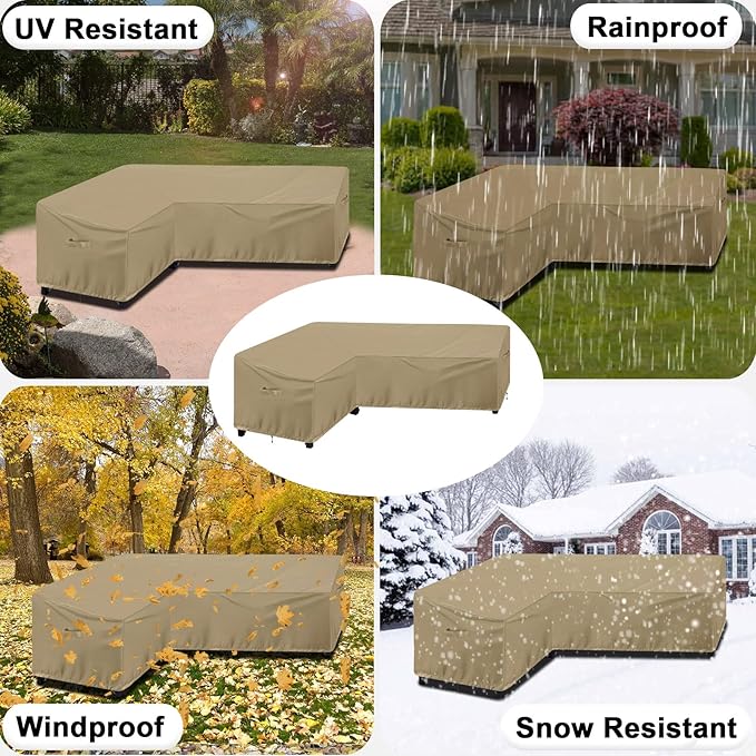 OutdoorLines Waterproof Outdoor Patio Sectional Cover - UV Resistant & Windproof L-Shaped Patio Furniture Covers for Deck, Lawn and Backyard, 420D Heavy Duty Couch Cover, Right Facing, 104"x83", Camel