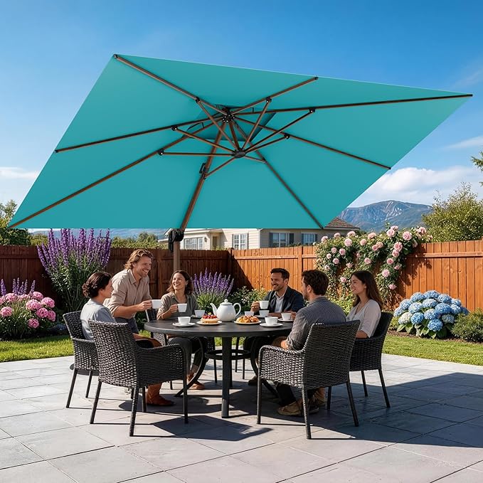 GENTEACO 10x13FT Rectangle Cantilever Patio Umbrella w/Base Included, Deluxe Wood Pattern Pole & 7 Angle Tilts, 360° Rotation, Offset Hanging Market Umbrellas for Garden Pool Patio, Turquoise Blue