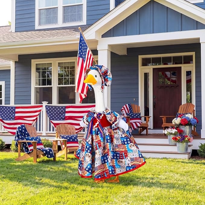 Abbylike 4th of July Porch Goose Outfit Patriotic American Flag Red Blue White Lawn Goose Clothes Fits 23 Inch Cement Statue Geese Costume for 250th Independence Day Outdoor Garden Yard Patio Decor
