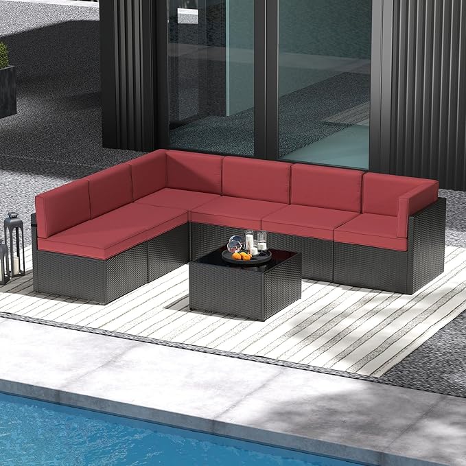 7-Piece Outdoor Patio Furniture Set, Patio Conversation Set, Patio Sectional Sofa Set with Coffee Table & Cushion for Backyard, Balcony, Garden, No-Slip, PE Wicker, Wine Red/Brown