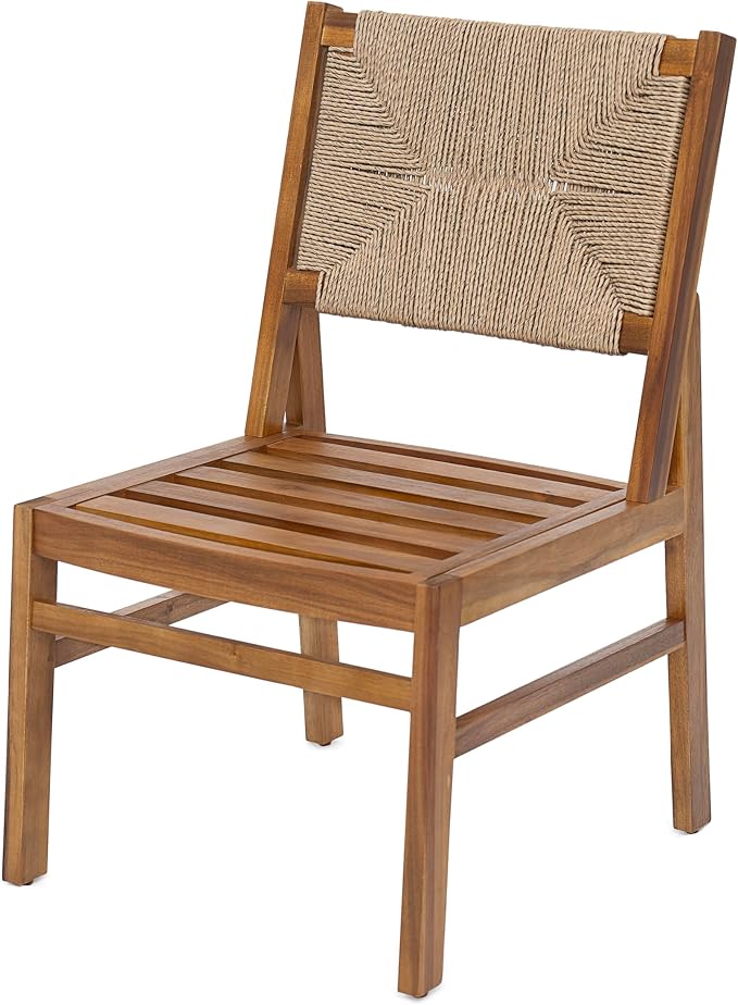 Merax Outdoor Farmhouse Acacia Wood Bistro Set of 3, Patio 27.5" Round Dining Table,2 Wicker Back Dining Chairs with Cushions for Deck, Yard, Porch, Weather Resistant, Easy Assembly, Cream+Teak