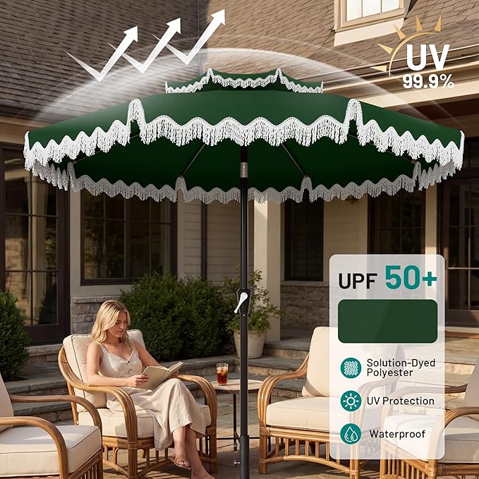 AreShark 9FT Patio Umbrella with Fringe, Wind-Resistant Fiberglass 8 Ribs Tassel Outdoor Umbrella with Crank and Push Button Tilt, Double Tier Vent Sun Shade for Pool, Deck, Backyard, Dark Green