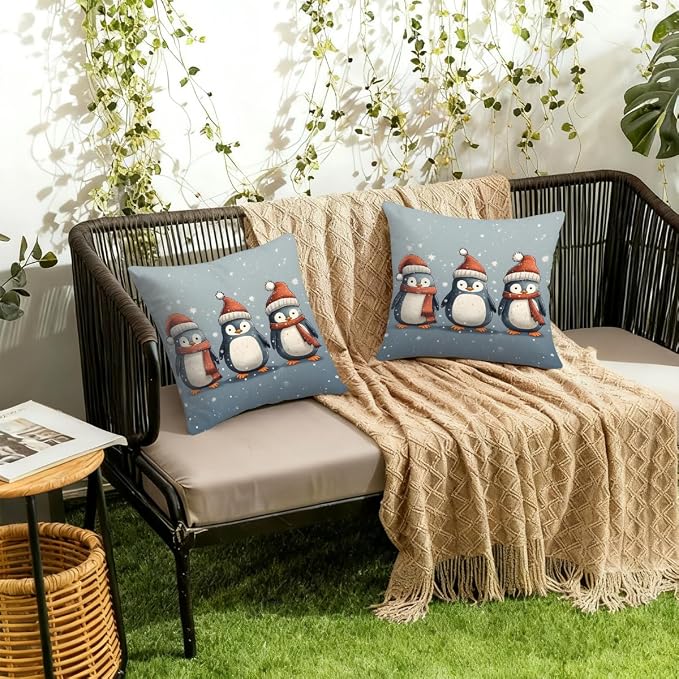 18x18 Inch Outdoor Pillow Covers Set of 2 Waterproof Throw Pillow Covers Decorative Couch Cushion Covers Christmas Penguin Square Pillowcases Protectors for Patio Garden Sofa
