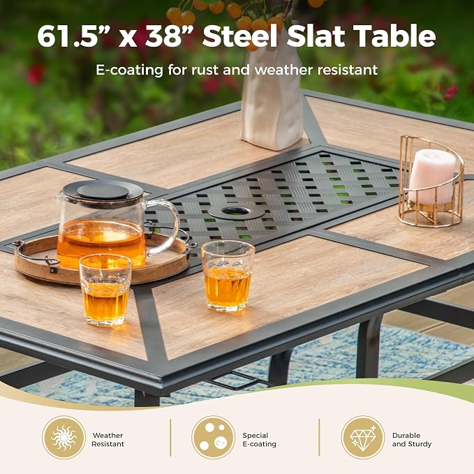 MIXPATIO Outdoor Patio Dining Table for 6, 61" x 38" Rectangular Metal Patio Dining Table with Umbrella Hole for Garden, All Weather Wrought Iron Black Outdoor Table Backyard and Porch