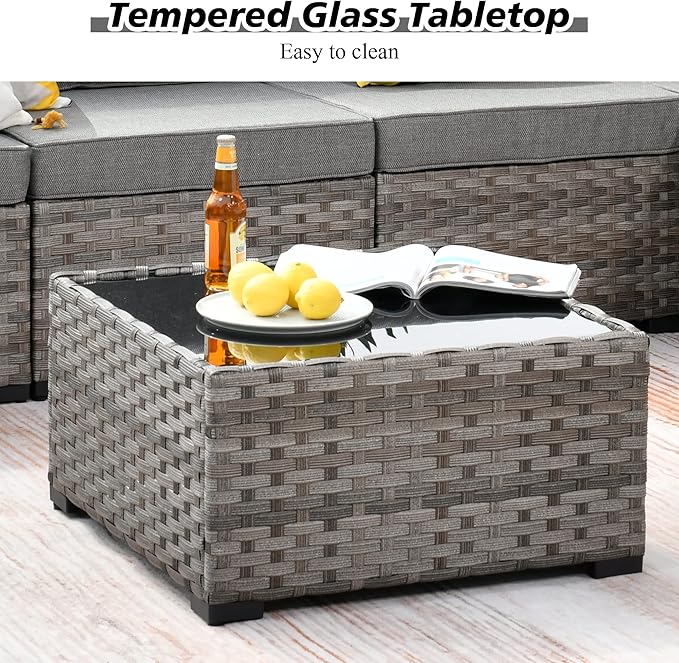 HOOOWOOO Outdoor Patio Sectional Furniture Sofa Set with Propane Gas Fire Pit Table,7 Piece Small Modern Wicker Couch with Widened Armrest,Modular Conversation Seating Set for Out Door(Dark Grey)