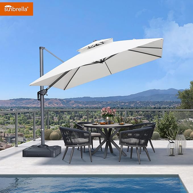 PURPLE LEAF Cantilever Umbrella with Base Included 10FT Heavy Duty Outdoor Large Double Top Offset Hanging 360° Rotation Square Umbrella for Garden Patio Deck Pool Backyard Canvas Natural