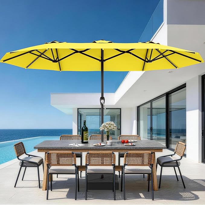 AreShark 15FT Outdoor Patio Umbrella with Crank, Large Rectangular Market Umbrella, Double-Sided Outdoor Umbrellas with Cross Base & Sandbag for Porch, Lawn, Pool, Backyard, Yellow