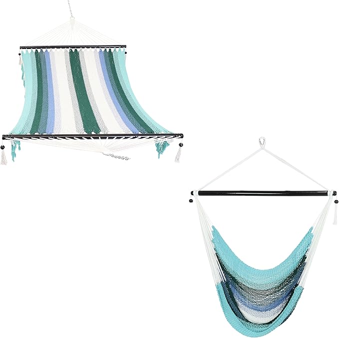 Sunnydaze Lagoon Stripes Woven Double Hammock with Crocheted Edges/Spreader Bars and Soft-Spun Polyester Rope Hanging Hammock Chair