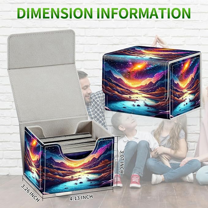 Card Deck Box for MTG, Cards Storage Box Fits 120+ Sleeved, Leather Small Size Strong Magnetic Closing Card Case for Board Games Magic TCG CCG Baseball Collection, Mountains Rivers
