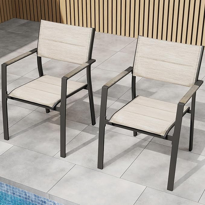 Outdoor Patio Dining Chairs Set of 2, Light Weight Aluminum Frame with Textilene Fabric & Wood-Like Armrest, 275 LBS Capacity, Outdoor Stackable Chairs for Poolside Lawn Garden, Grey Armrest