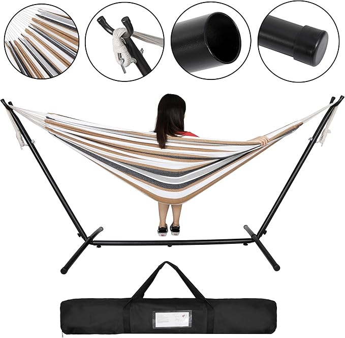Double Hammock with 9FT Space Saving Steel Stand, 2-Person Portable Hammock with Stand for Outdoor Patio or Indoor, 330 Pounds Capacity, 6 Optional Hook Positions (Khaki)