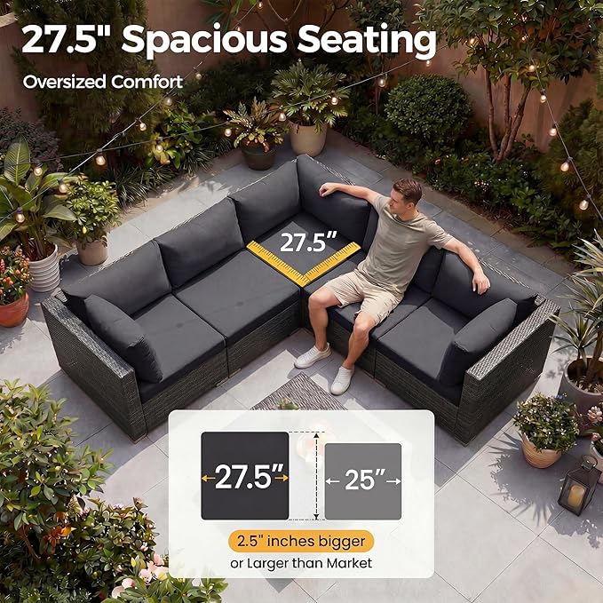 NICESOUL 9 Piece Modern Outdoor Furniture Set with Fire Pit Table, 8 Seat L-Shaped Extra Large Sectional Sofa Sets, 29.3'' High Back Comfy Modular Wicker Conversations, Natural Gas & Propane, Grey