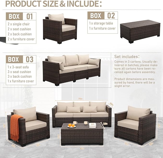 Outdoor Patio Furniture Set 4 Pieces Wicker Outdoor Furniture Chairs and Sofa Patio Storage Table Non-Slip Cushions and Waterproof Covers, Khaki
