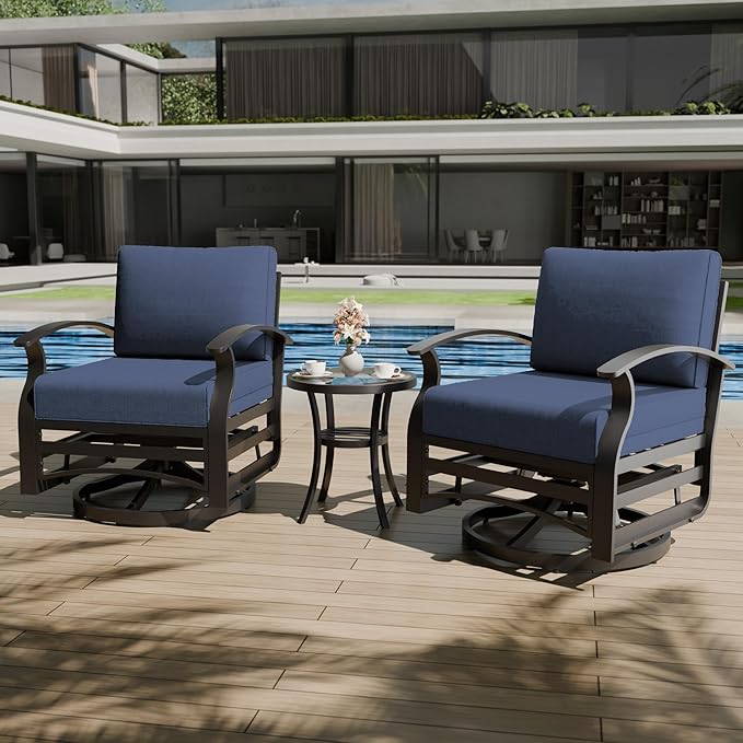 3 Piece Aluminum Swivel Rocking Chair Set, Outdoor Patio Swivel Gliders Chair with Glass Top Coffee Table, Conversation Furniture Set Suitable for Patio, Lawn, Outdoor, Back Garden(Dark Blue)